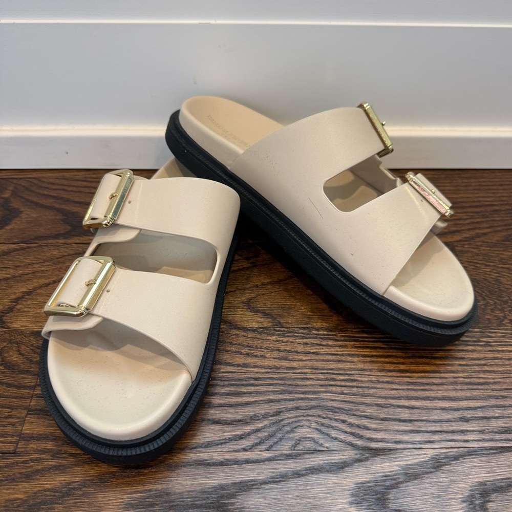 Cream Slide Sandals with Gold Buckles
